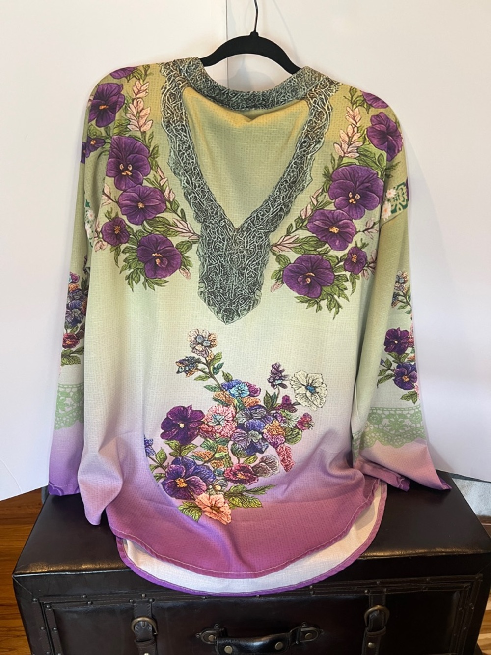 Floral V-Neck Long Sleeve Top in Green and Purple - Picture 3 of 3